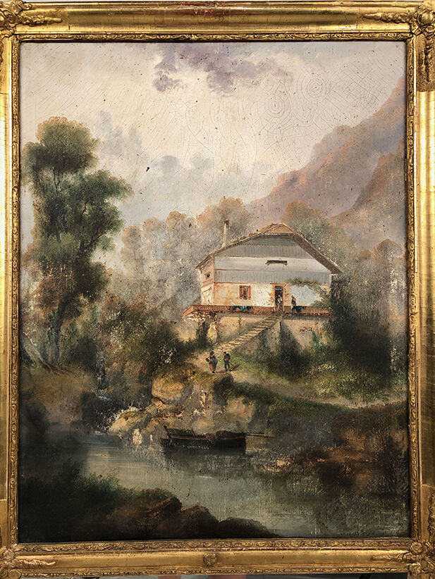 Trumeau decorated with a lively landscape, stuccoed and gilded frame 59x125cm