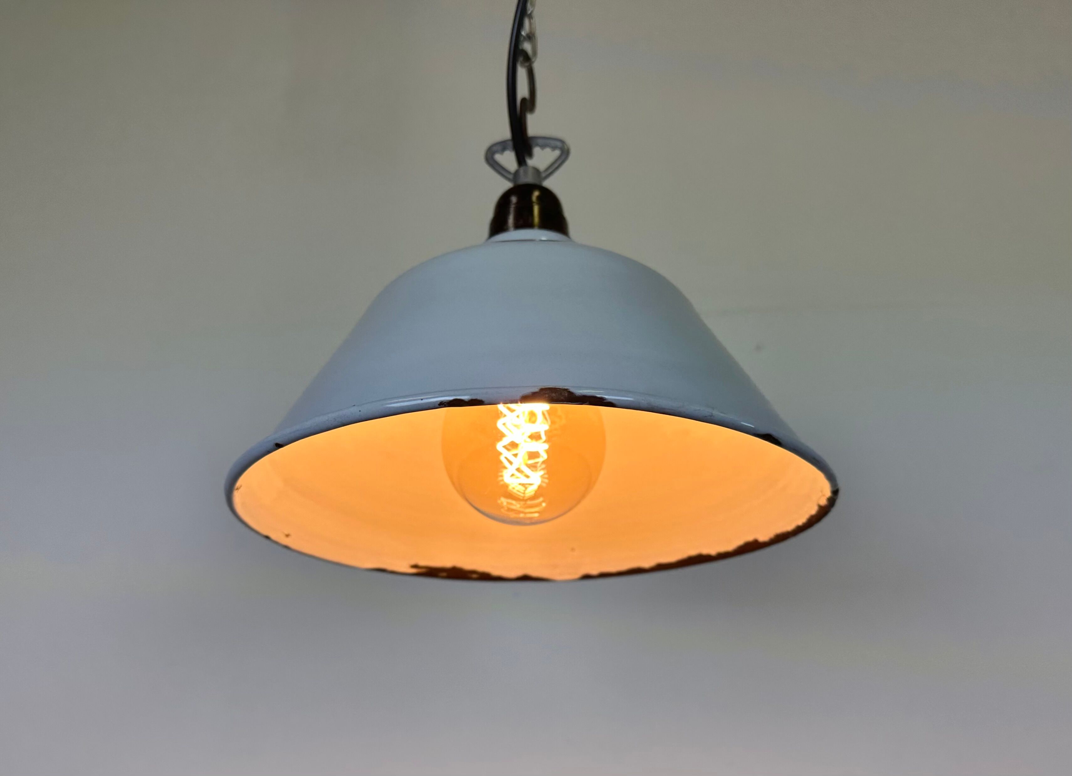 Industrial French Grey Enamel Factory Pendant Lamp, 1960s