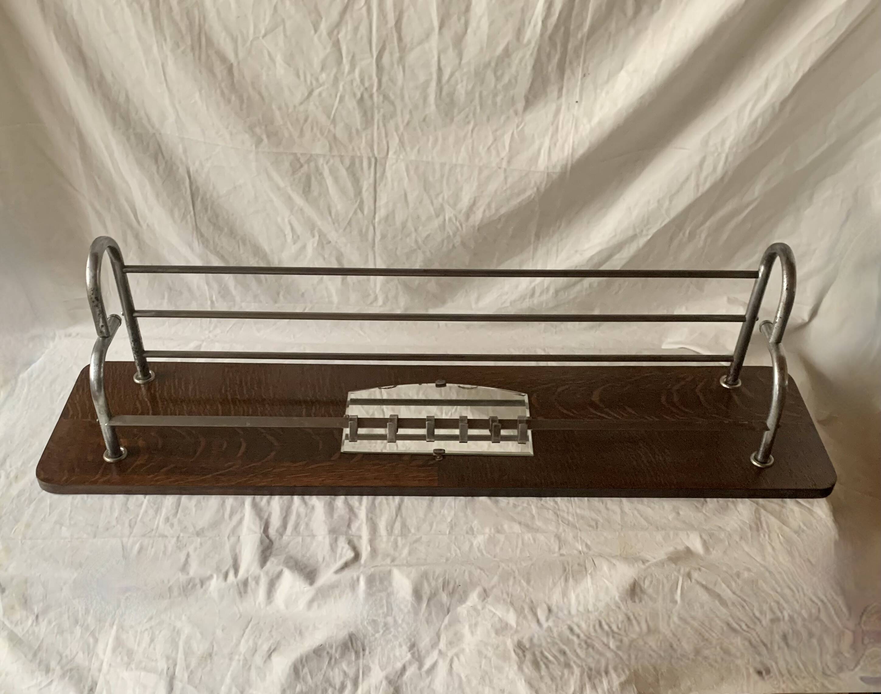 Large Art Deco wall-mounted coat rack in wood and chrome metal with mirror