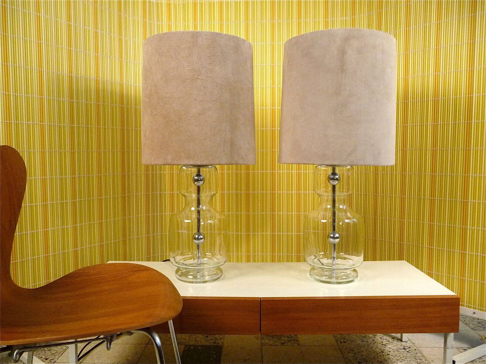 Set of 2 Glass & chrome table lamps with alcantara lampshades, 1960s