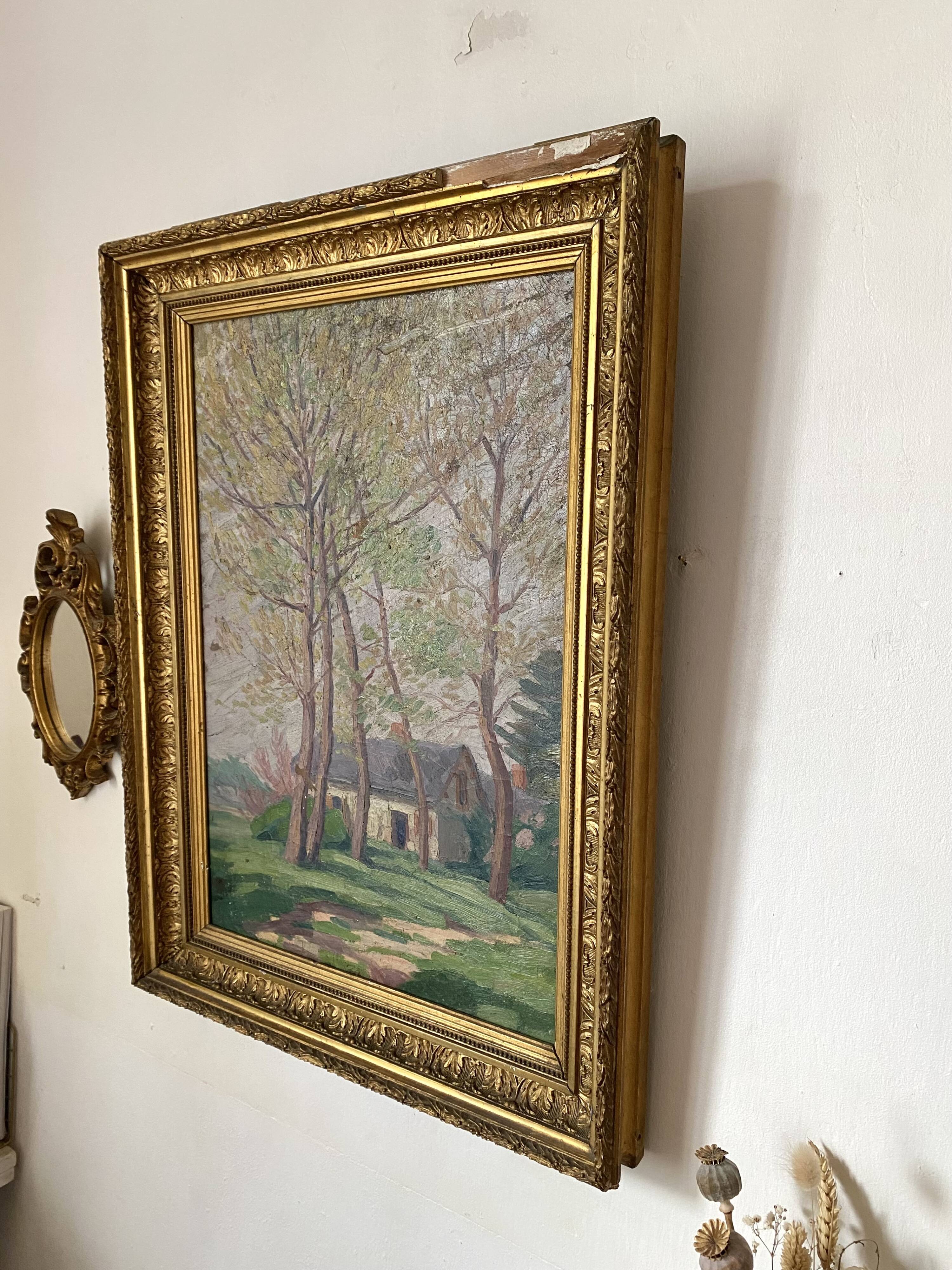 Old oil on canvas, wooded landscape with house, gilded frame.