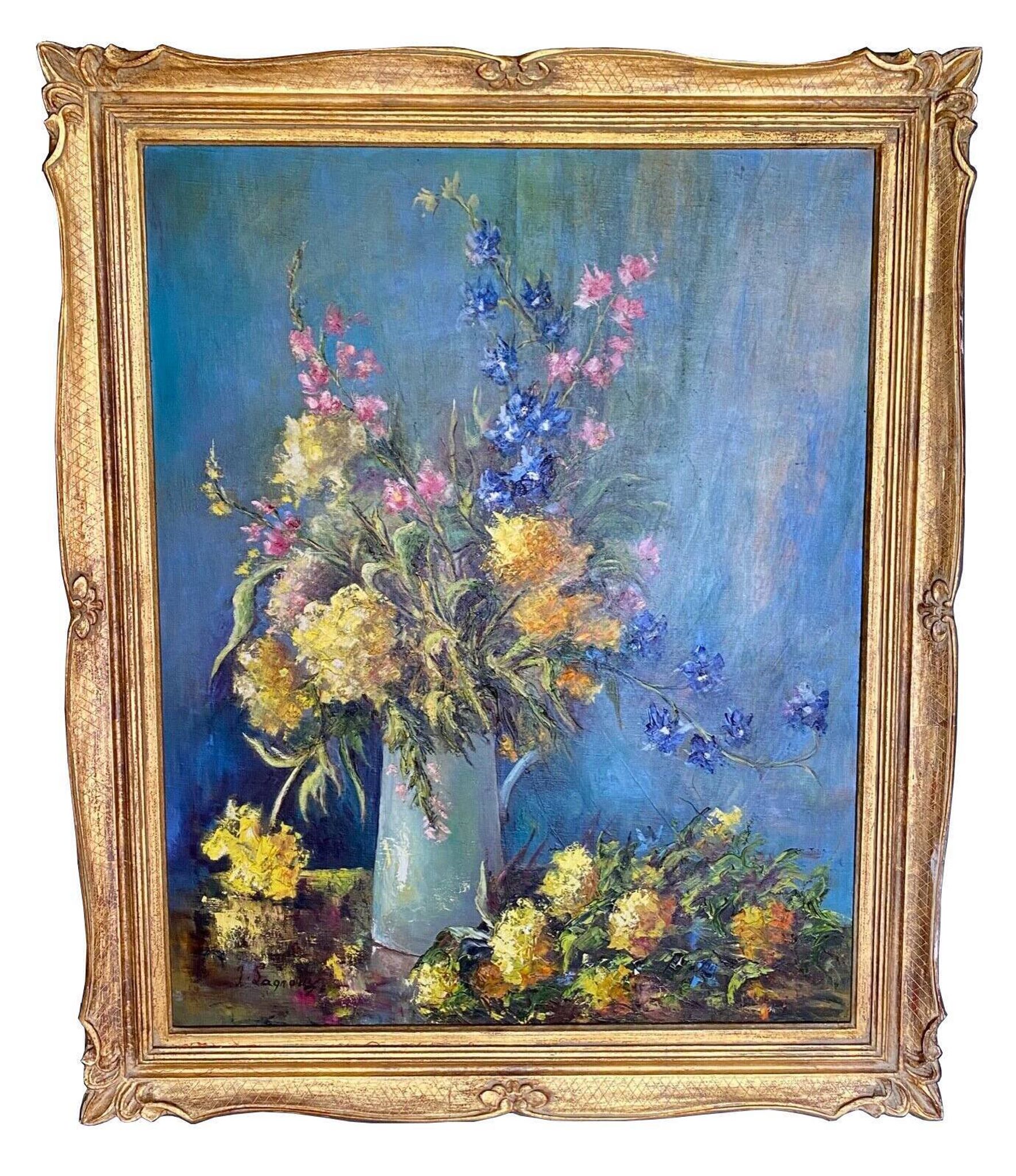 Oil on canvas by the lagnoux bouquet of still life flowers 1960