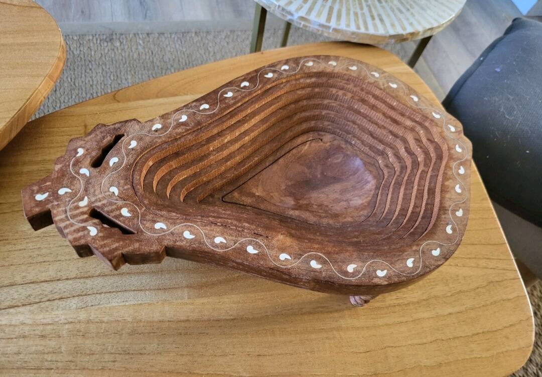 Vintage wooden fruit basket. Collection. Fruit shape.