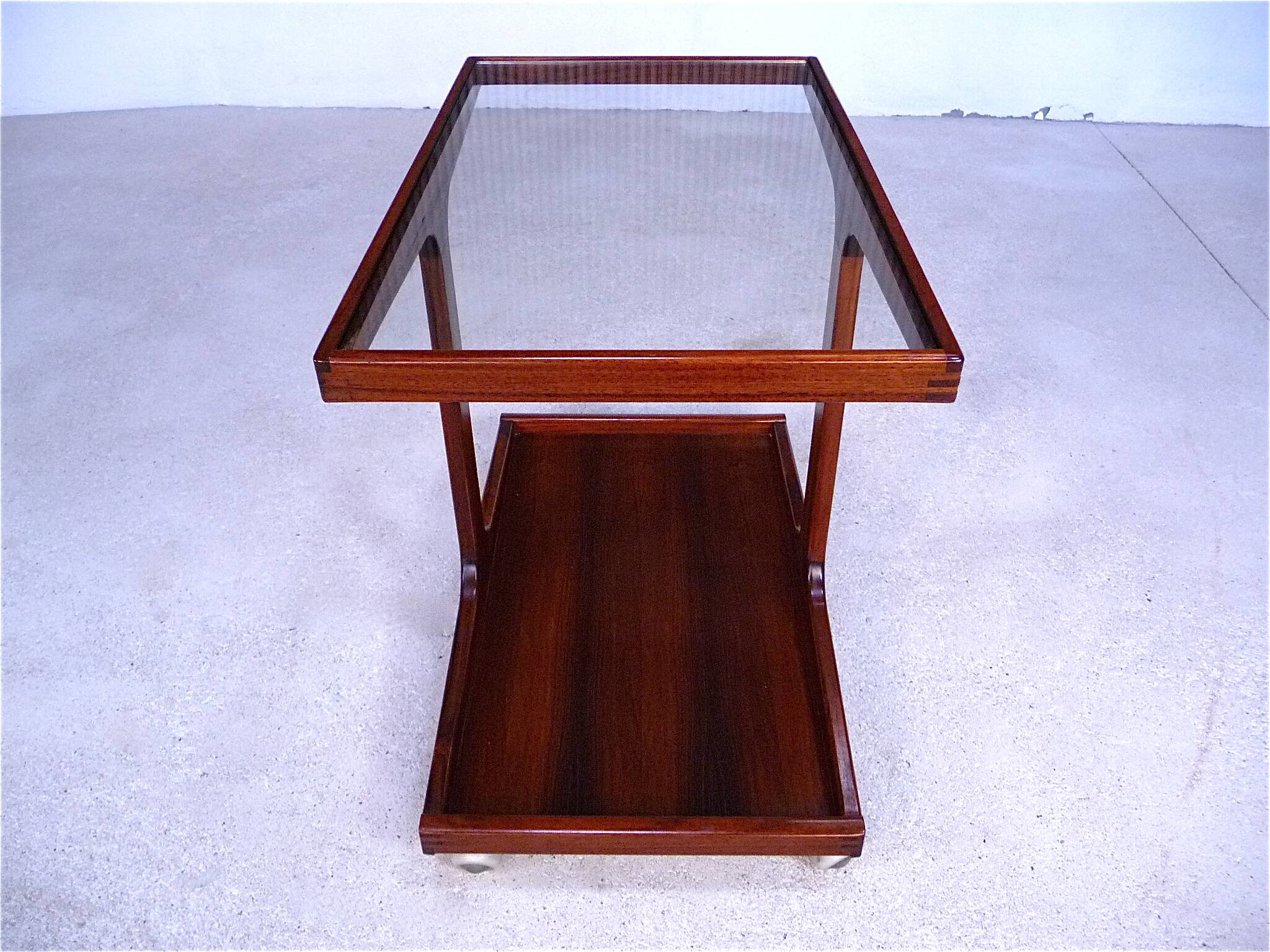 Vintage Modernist Serving Bar Cart in Walnut with Glass Top, Germany 1960s