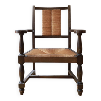 Wooden and rattan armchair