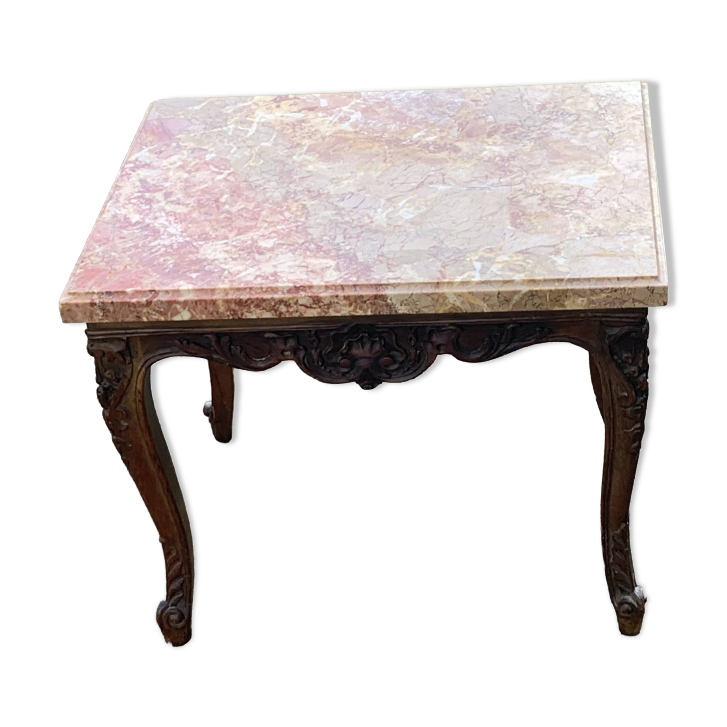 Carved wooden coffee table with shell pattern and removable pink marble top, old