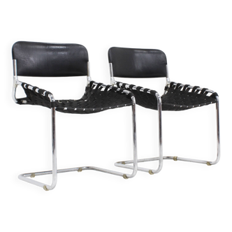 Set Vintage italian chairs black leather and chrome 1970s