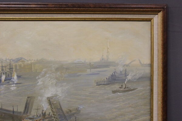 Huile sur toile scène de marine l'entrée au port XX
