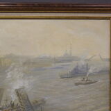 Huile sur toile scène de marine l'entrée au port XX
