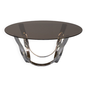 Table basse ronde en verre brun sur cadre design en métal