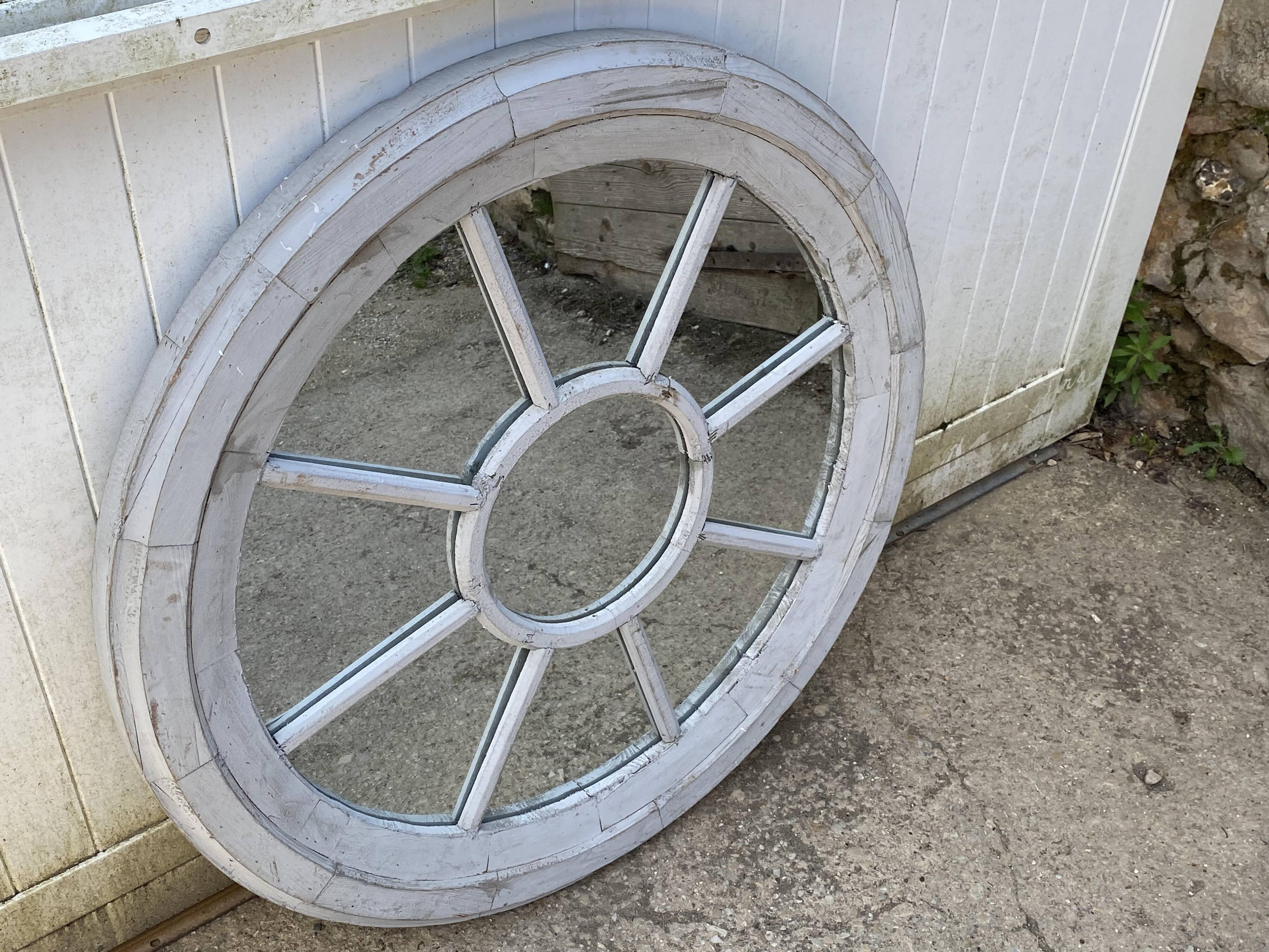 Large vintage gray cart wheel wooden wall mirror