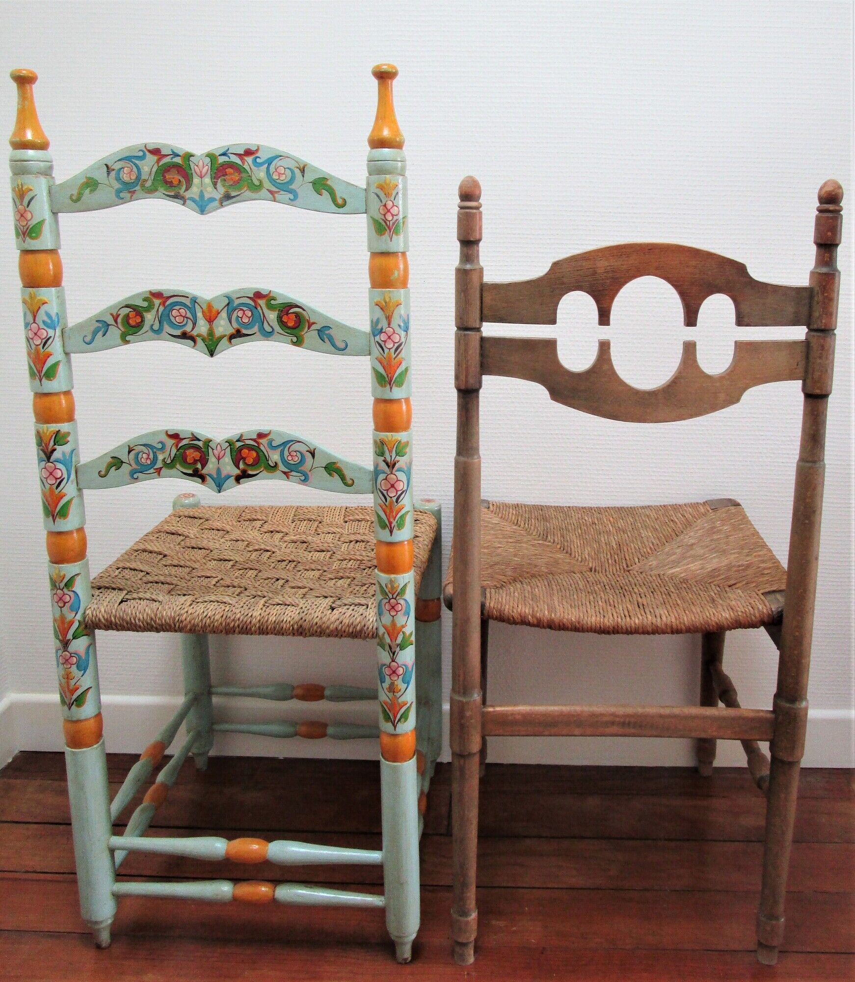 Two chairs patinated polka dots and painted wood folk art seat vintage straw