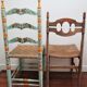 Two chairs patinated polka dots and painted wood folk art seat vintage straw