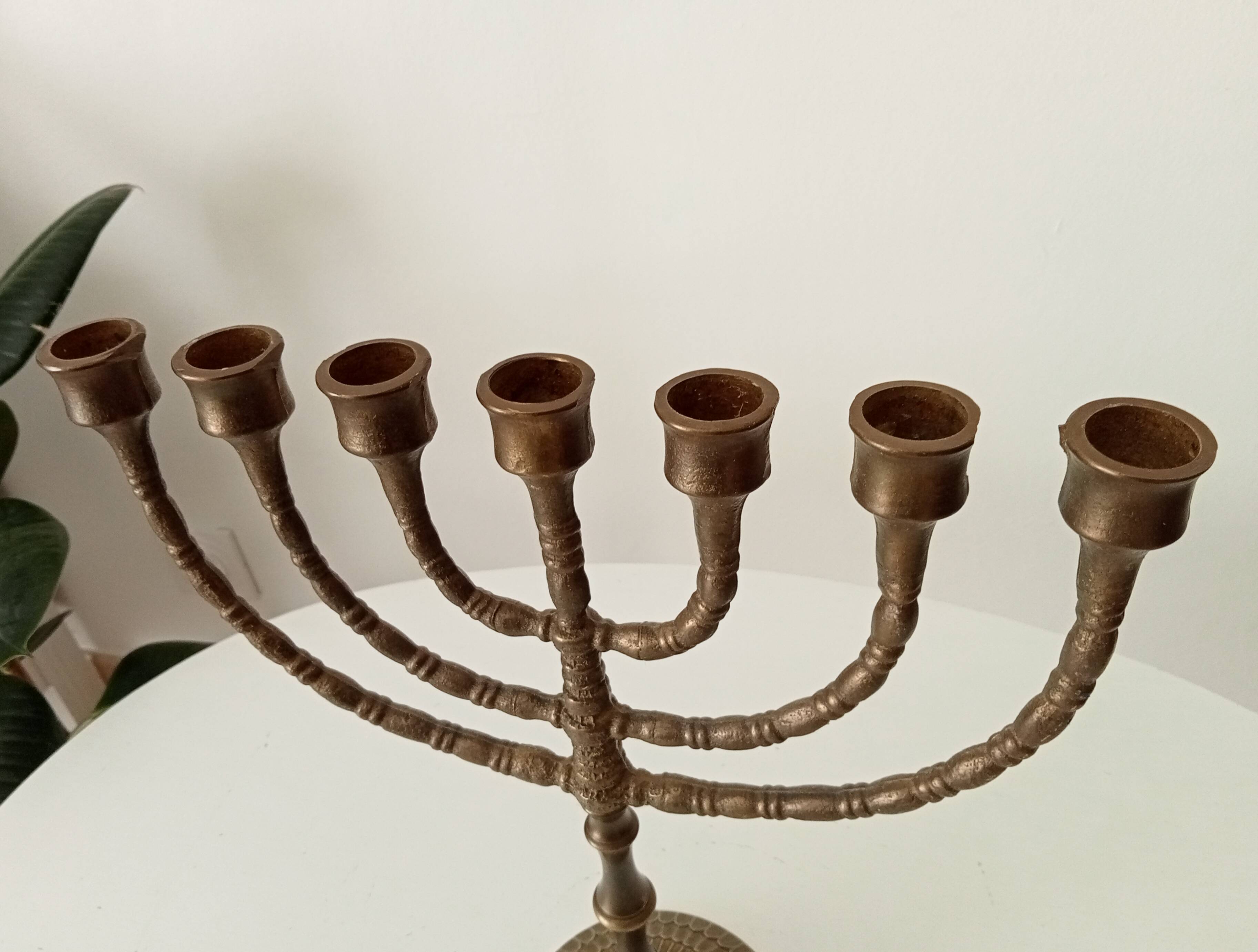 Vintage Hebrew Menorah Candlestick in Solid Brass from the 50s