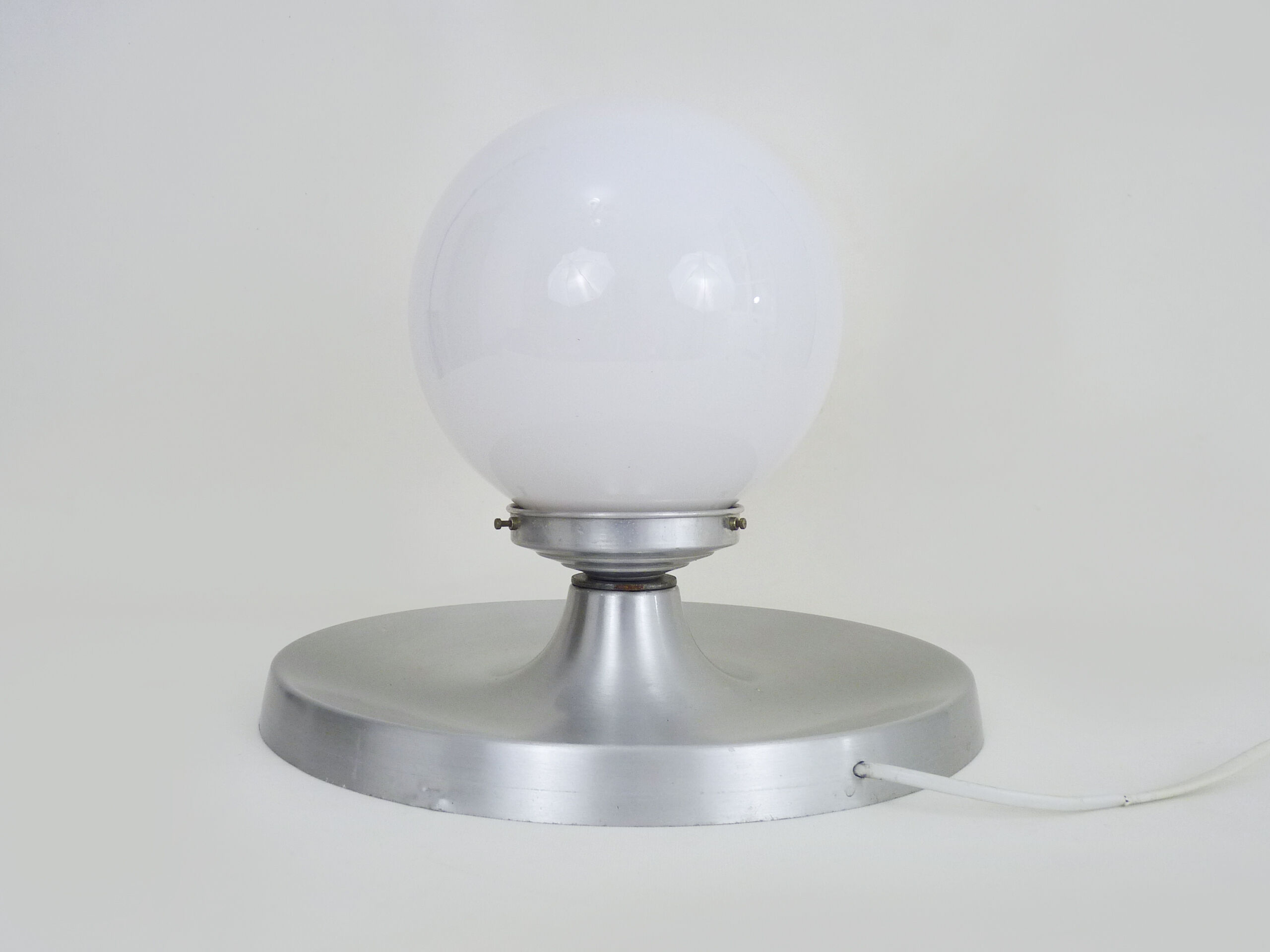 Brushed metal bedside lamp and white opaline globe, year 70