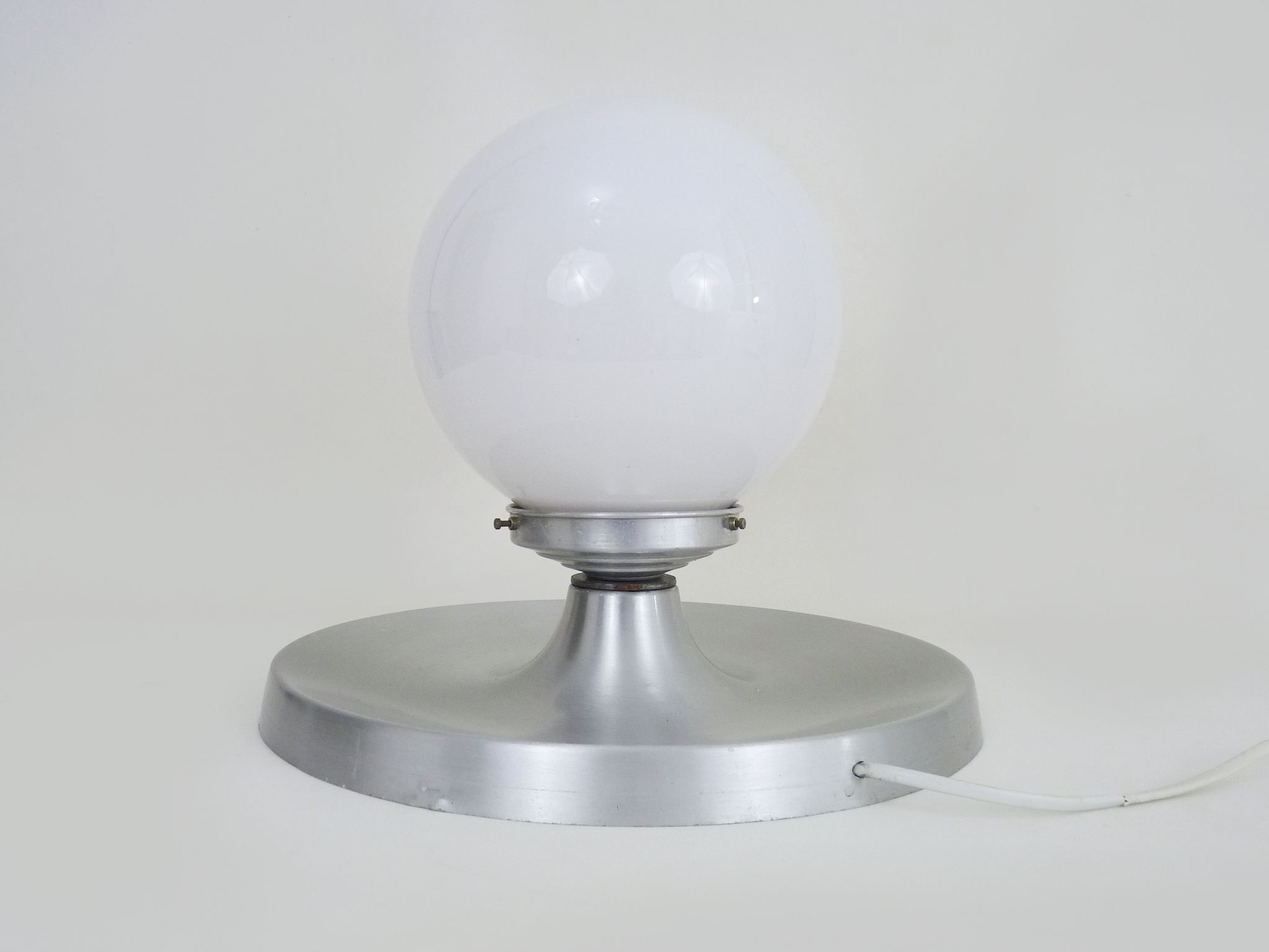 Brushed metal bedside lamp and white opaline globe, year 70