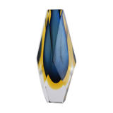 Midcentury faceted Murano glass strong blue and yellow sommerso vase
