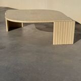 Large designer coffee table in travertine, eye shape, Roche Bobois edition from the 80s