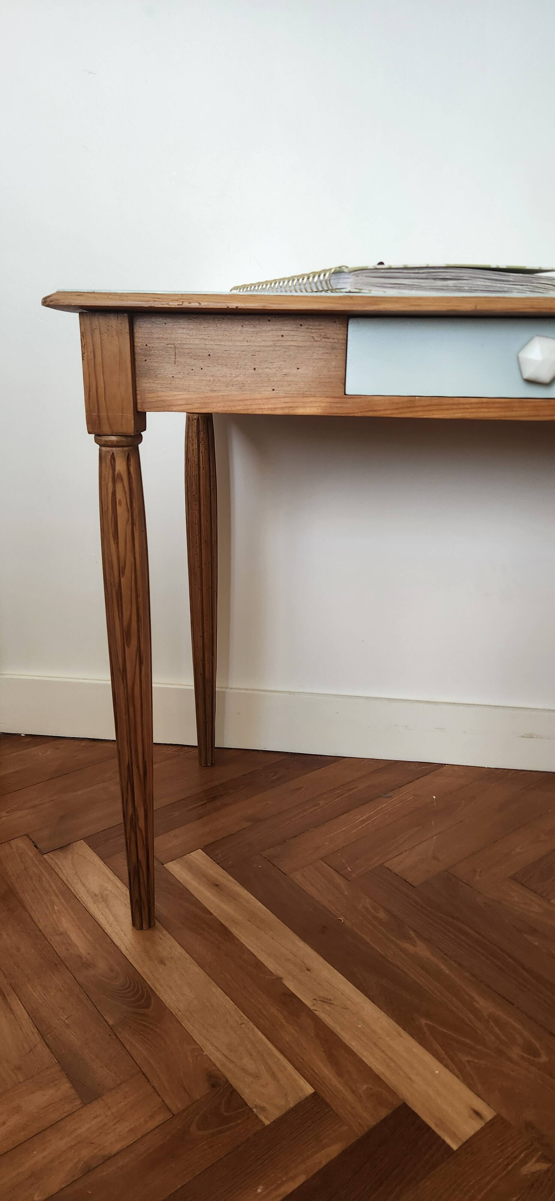Small Blue Wooden Desk, Grooved Legs