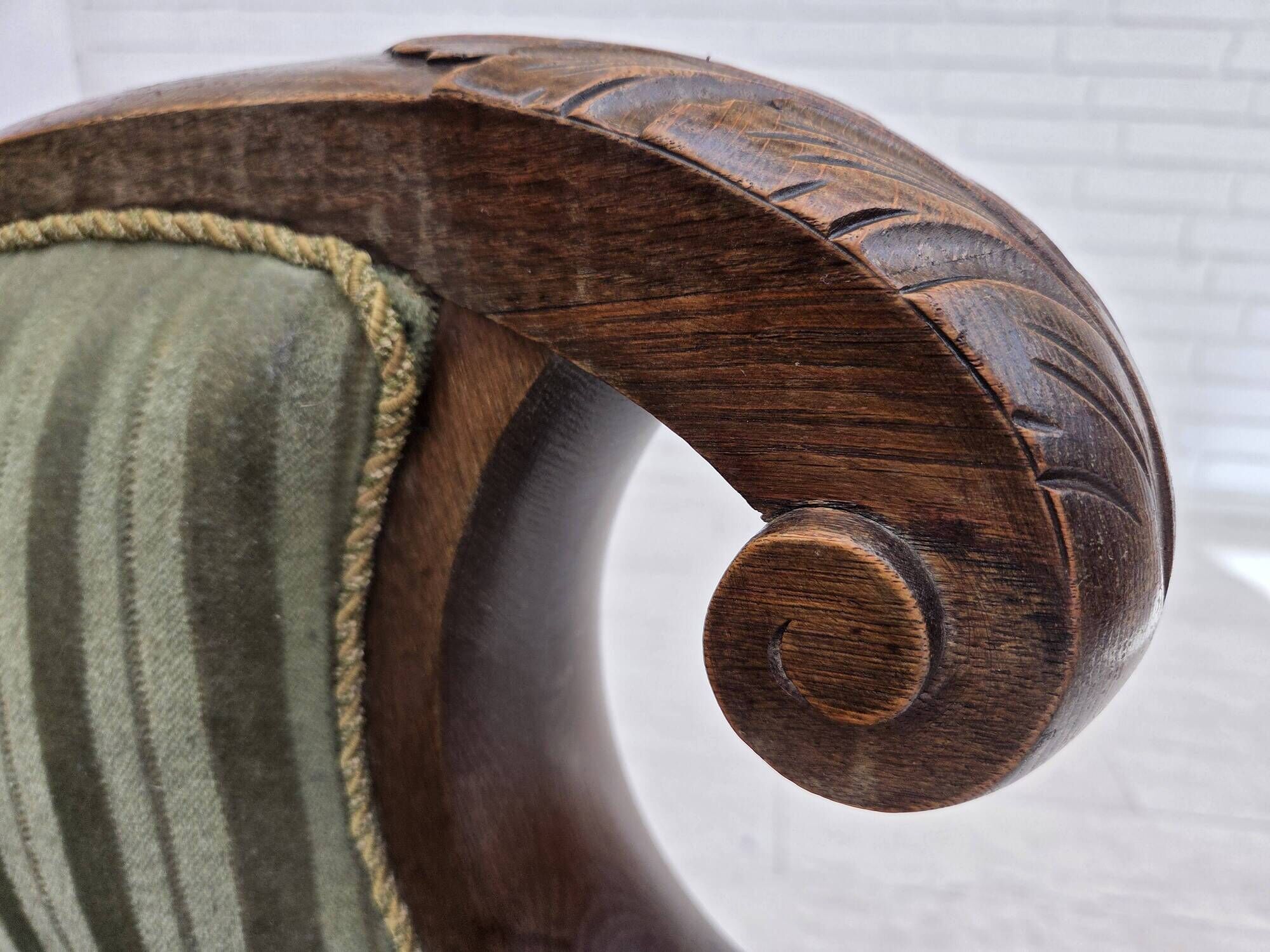 1950s, Danish relax armchair, green furniture velour, carved oak wood.