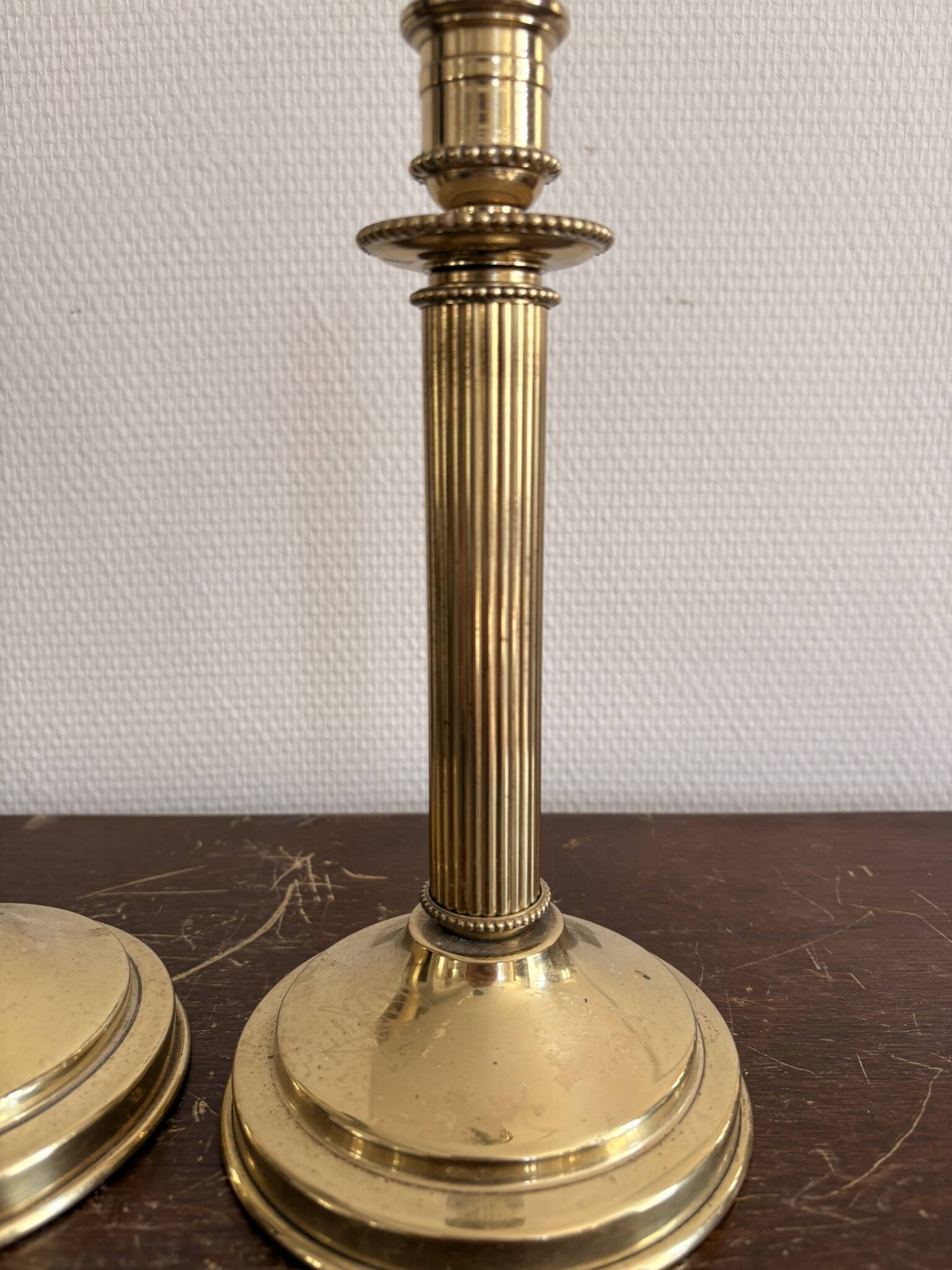 Antique Pair of Gilded Brass Candle Holders Empire Column Louis XVI Villedieu