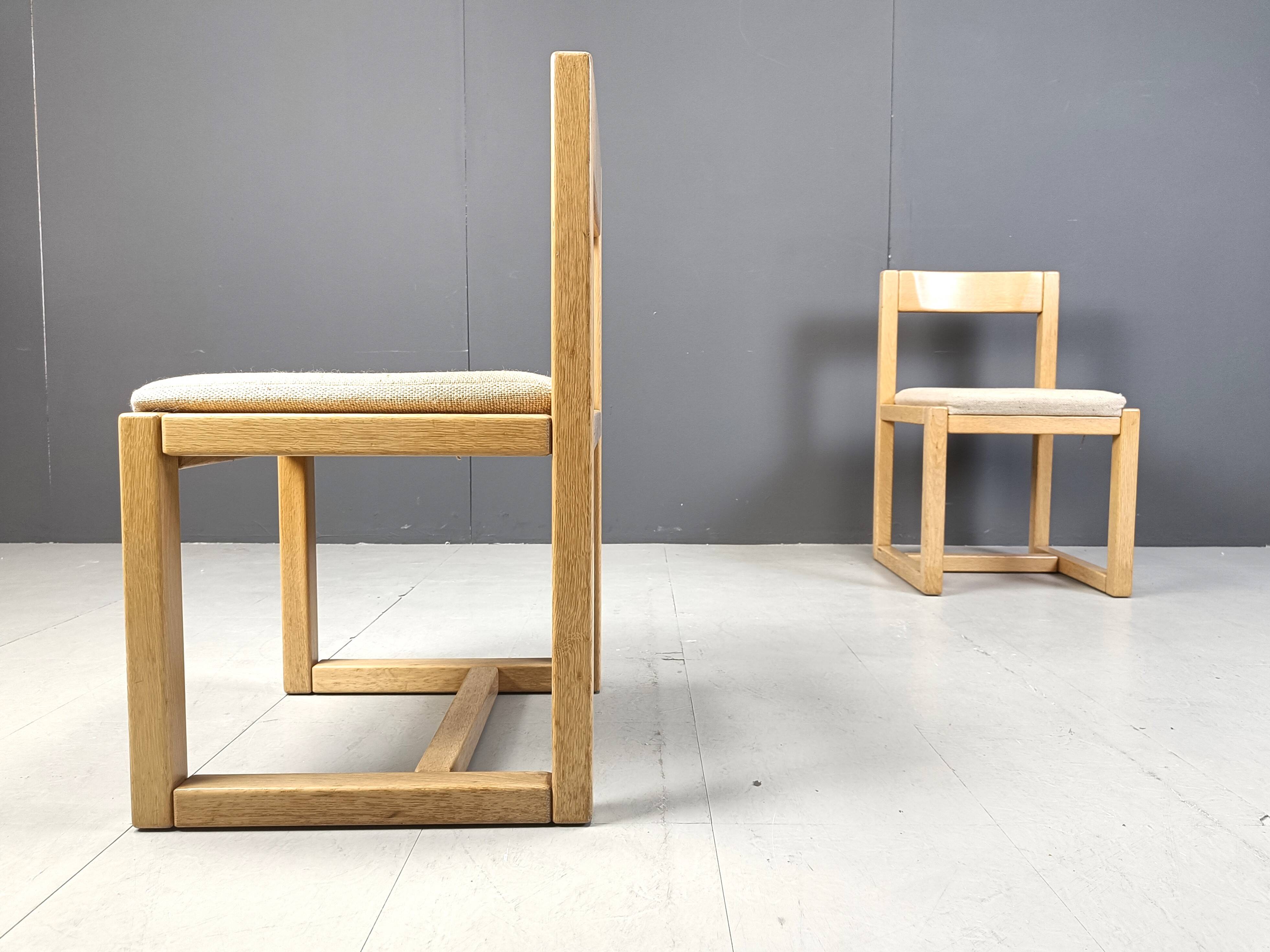 6 Brutalist oak and grey fabric dining chairs, 1970s