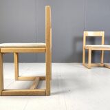 6 Brutalist oak and grey fabric dining chairs, 1970s