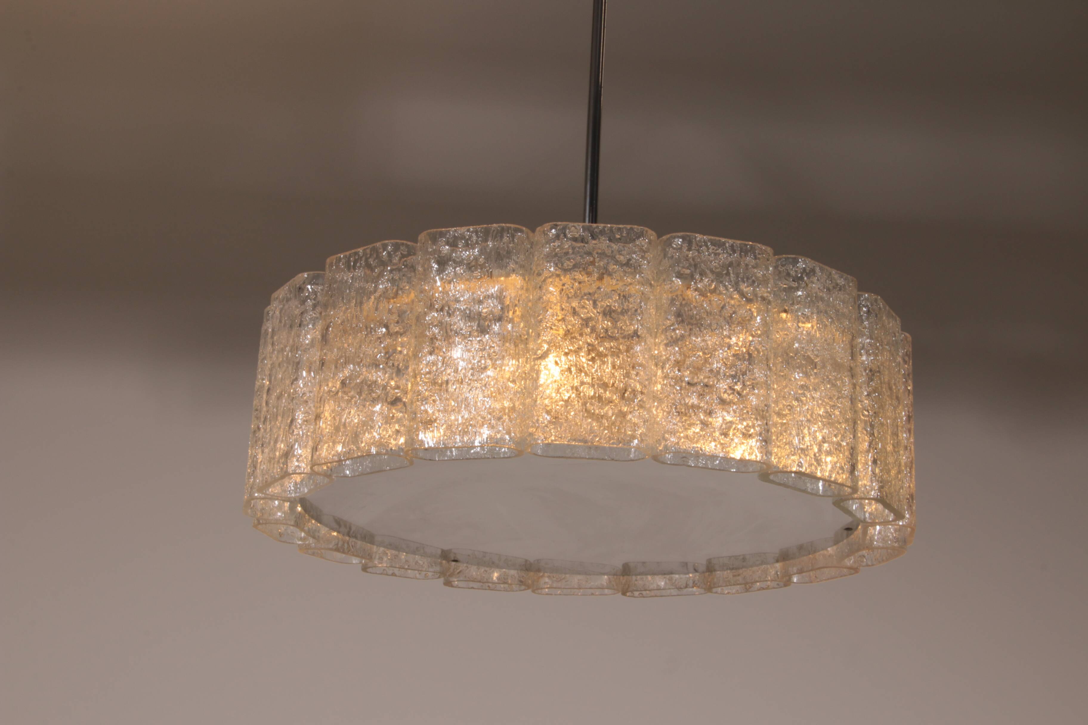 "Doria Leuchten Ice Glass Hanging Lamp with Relief Glass Cylinders, 1960s"