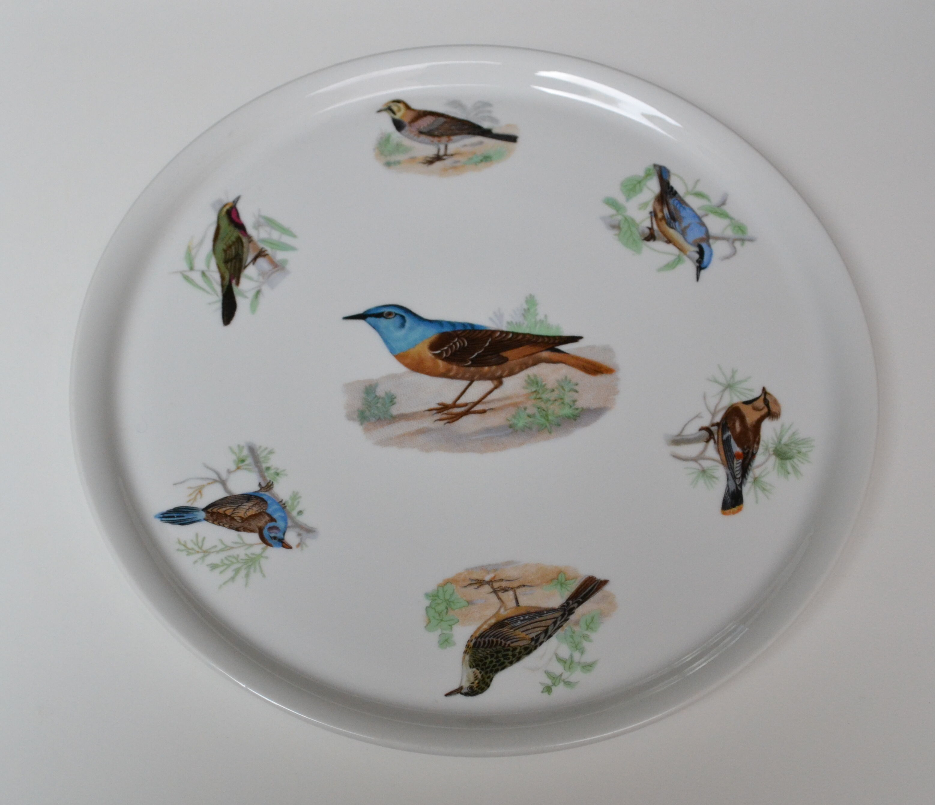 Pie dish Porcelaine du Berry L. Lourioux motif birds aviary