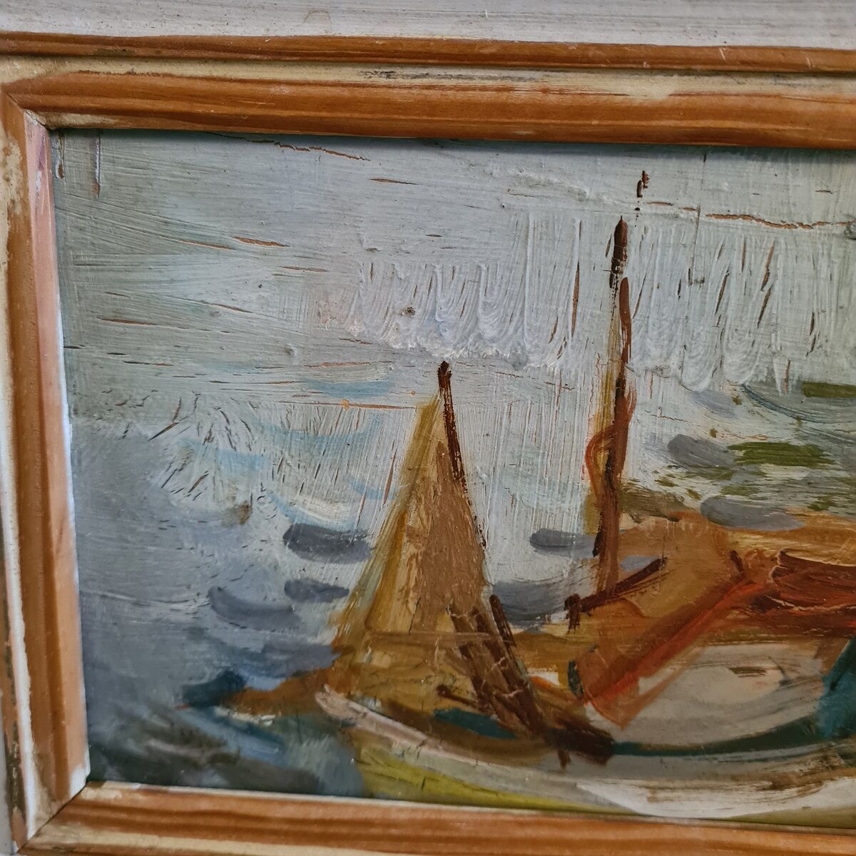 Old Painting Fisherman In Boat. 1st half 20th century
