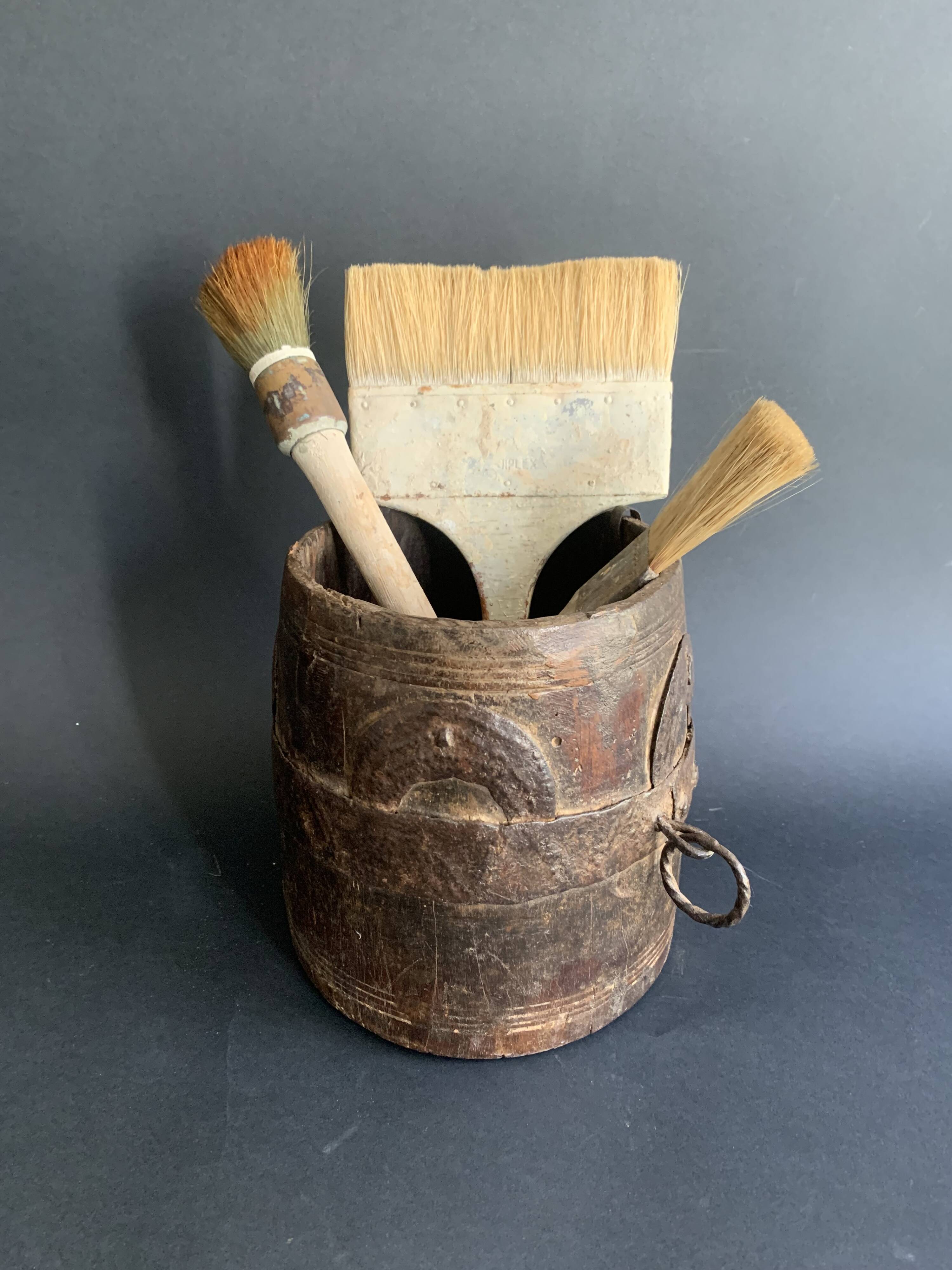 Large measuring pot in wood and old iron, 19th century folk art