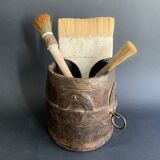 Large measuring pot in wood and old iron, 19th century folk art