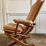 Folding armchair relax vintage wood and velvet with armrests - 70's