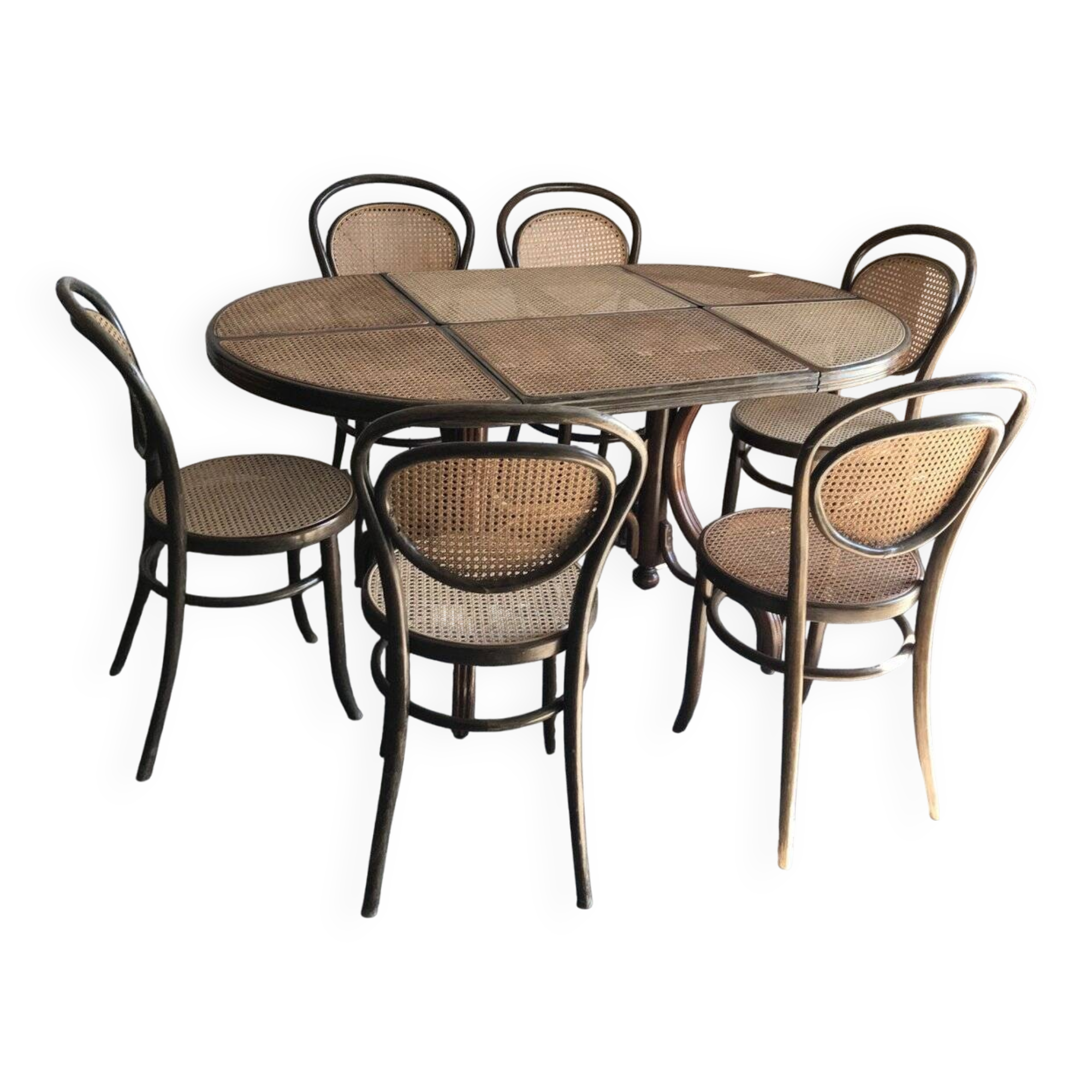 Brown Scandinavian wooden and cane set: 1960s table + 6 chairs (set of 7)