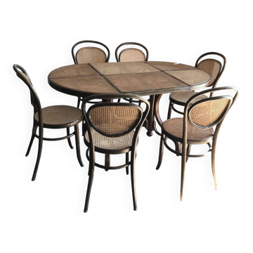 Ensemble scandinave marron en bois et canne : table années 1960 + 6 chaises (set de 7)