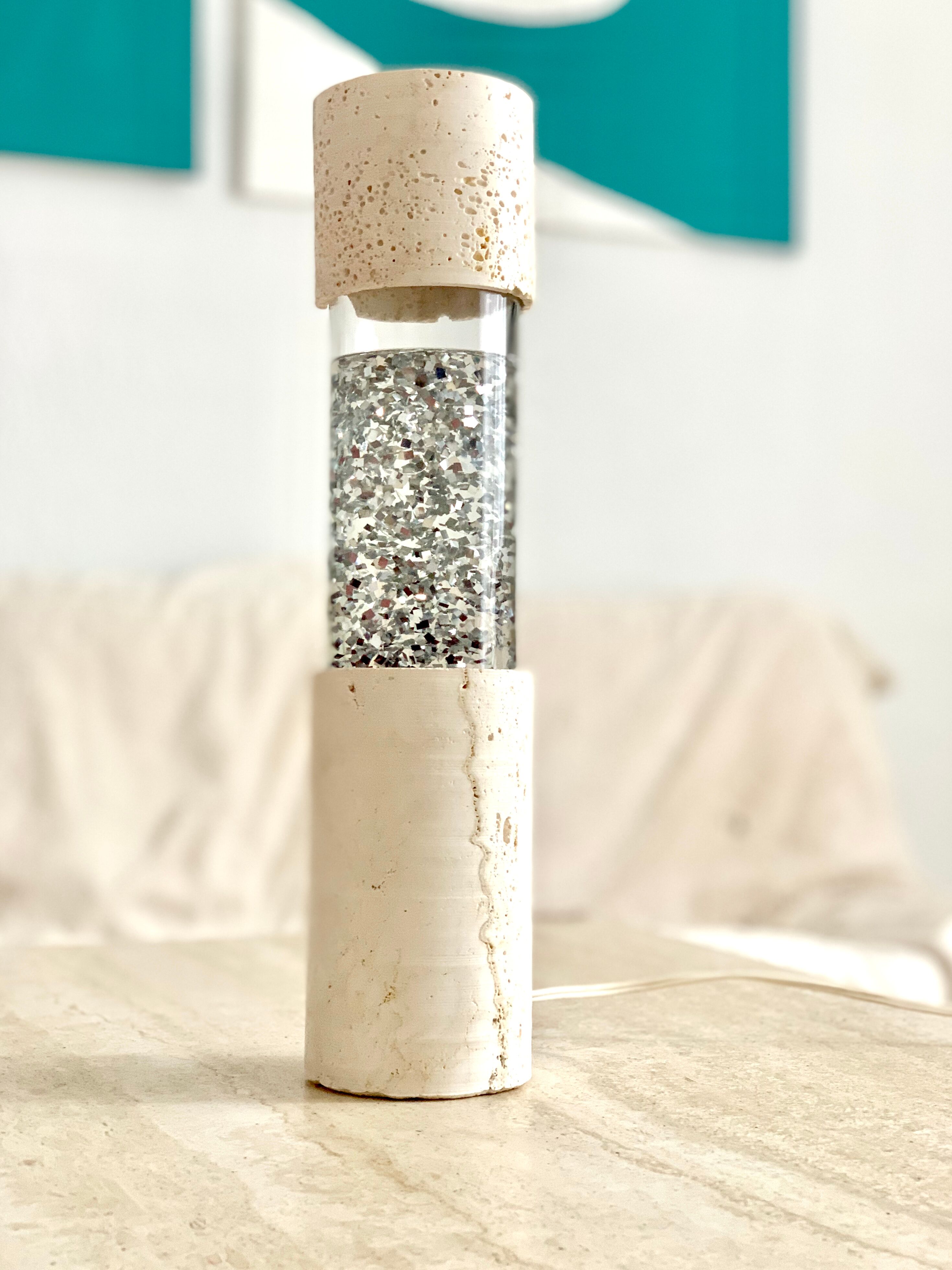Vintage glitter lamp and travertine from the 70s.