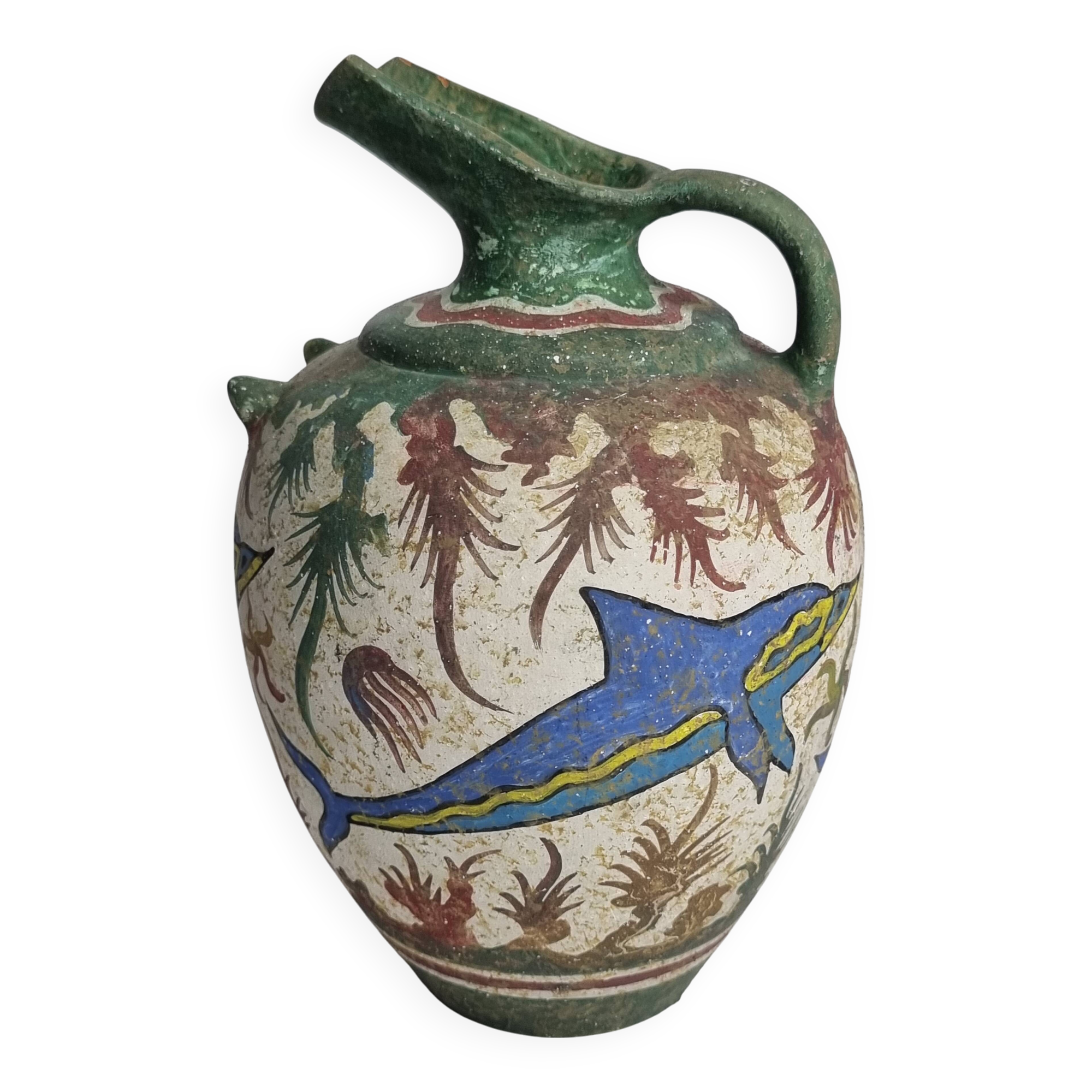 Ceramic vase, Ancient Cretan style, marine decoration with dolphins, 17 cm