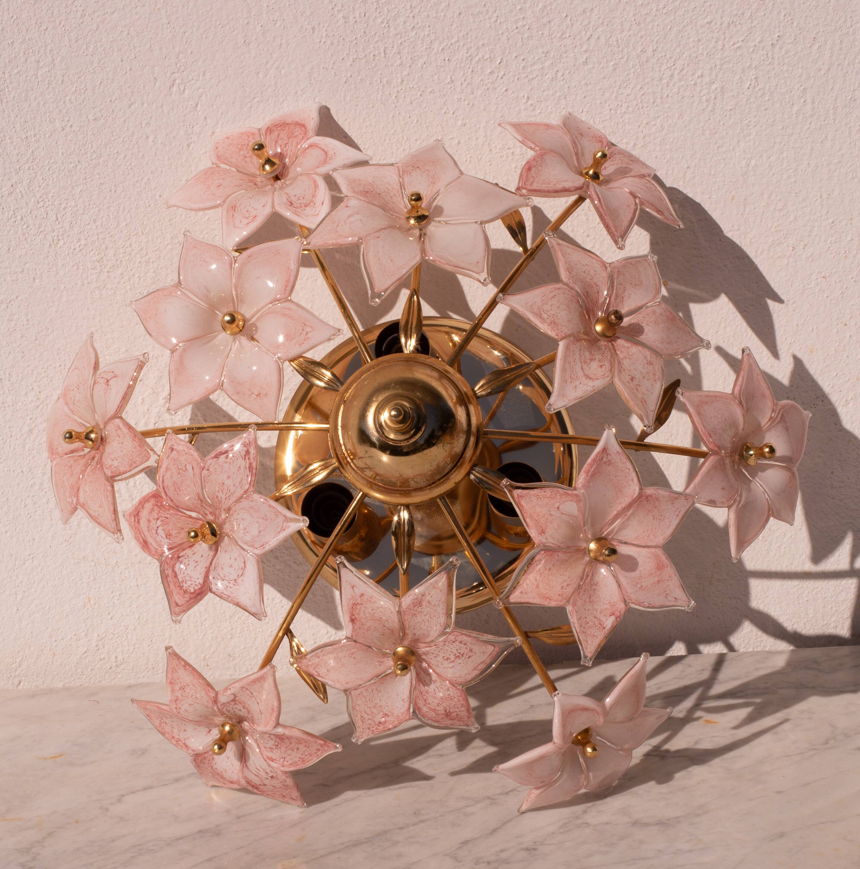 Charming Murano Vintage Ceiling Light Pink Flowers, 1970s