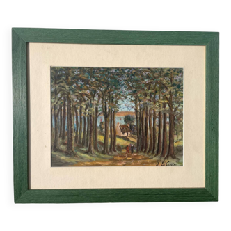 Old Breton landscape painting in wooden frame