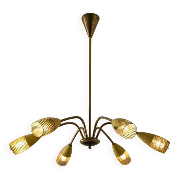 Mid-century modern brass and yellow chandelier