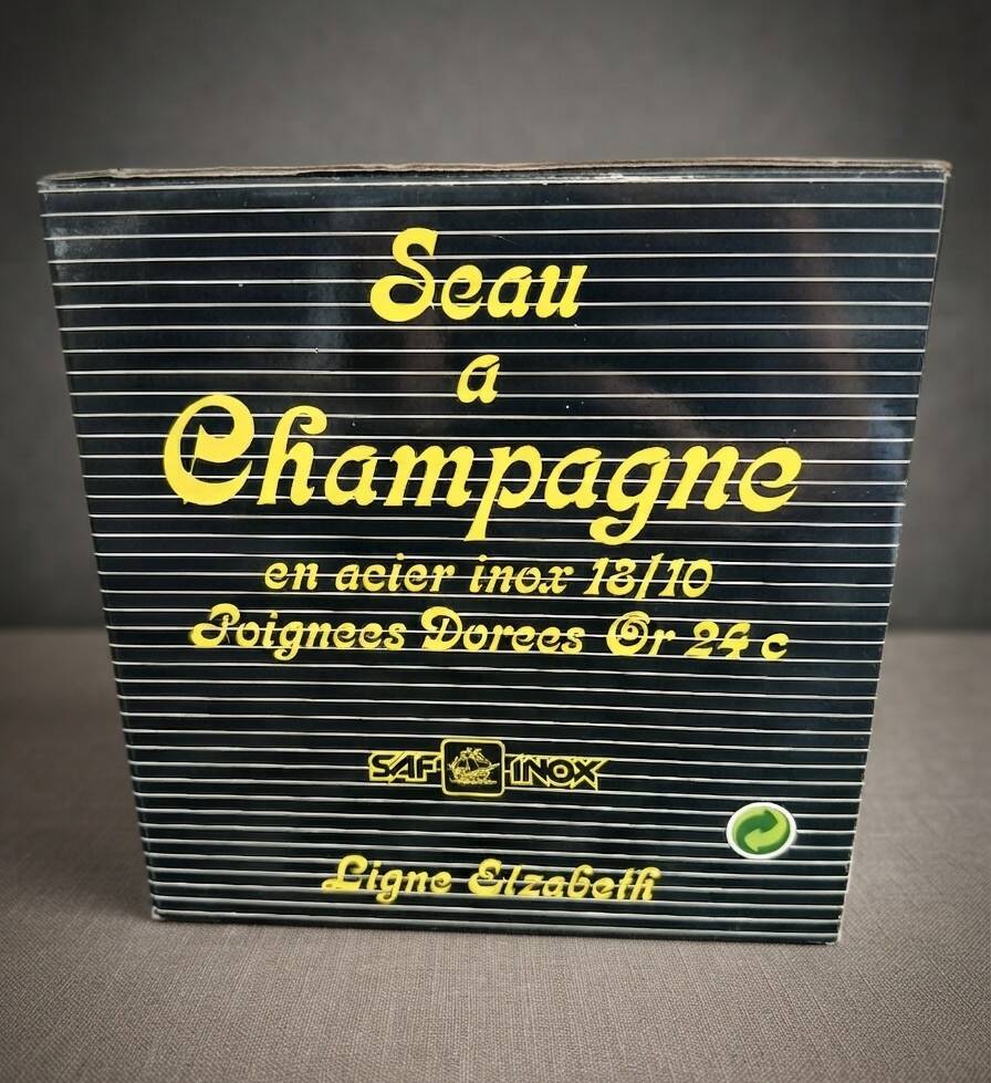 Elizabeth champagne bucket, SAF Inox, 18/10 stainless steel and Zecchino gold, 1970.