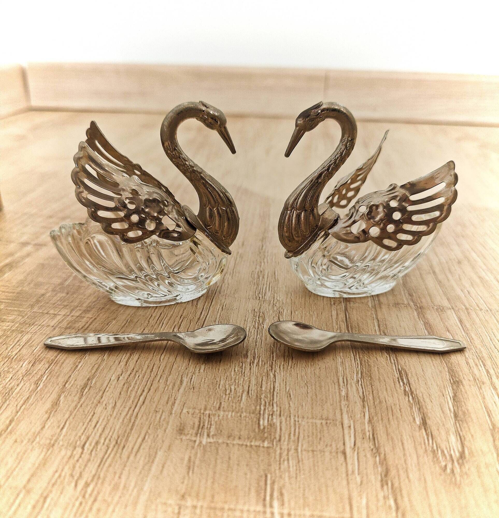 Pair of antique salt cellars swans silver-plated metal
