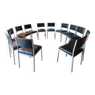 12 vintage metal and black leatherette chairs from the 1950s