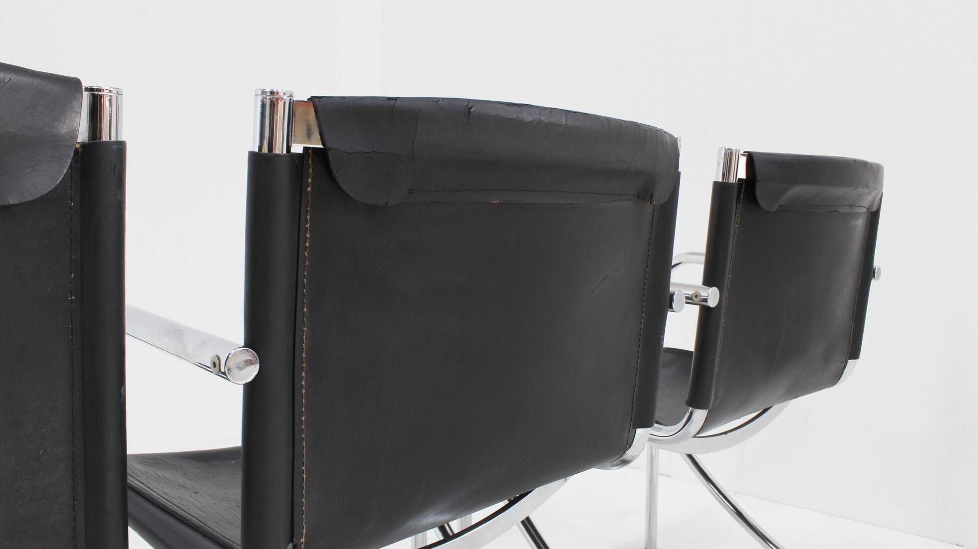 Giotto Stoppino black leather and chrome vintage dining chairs model Jot