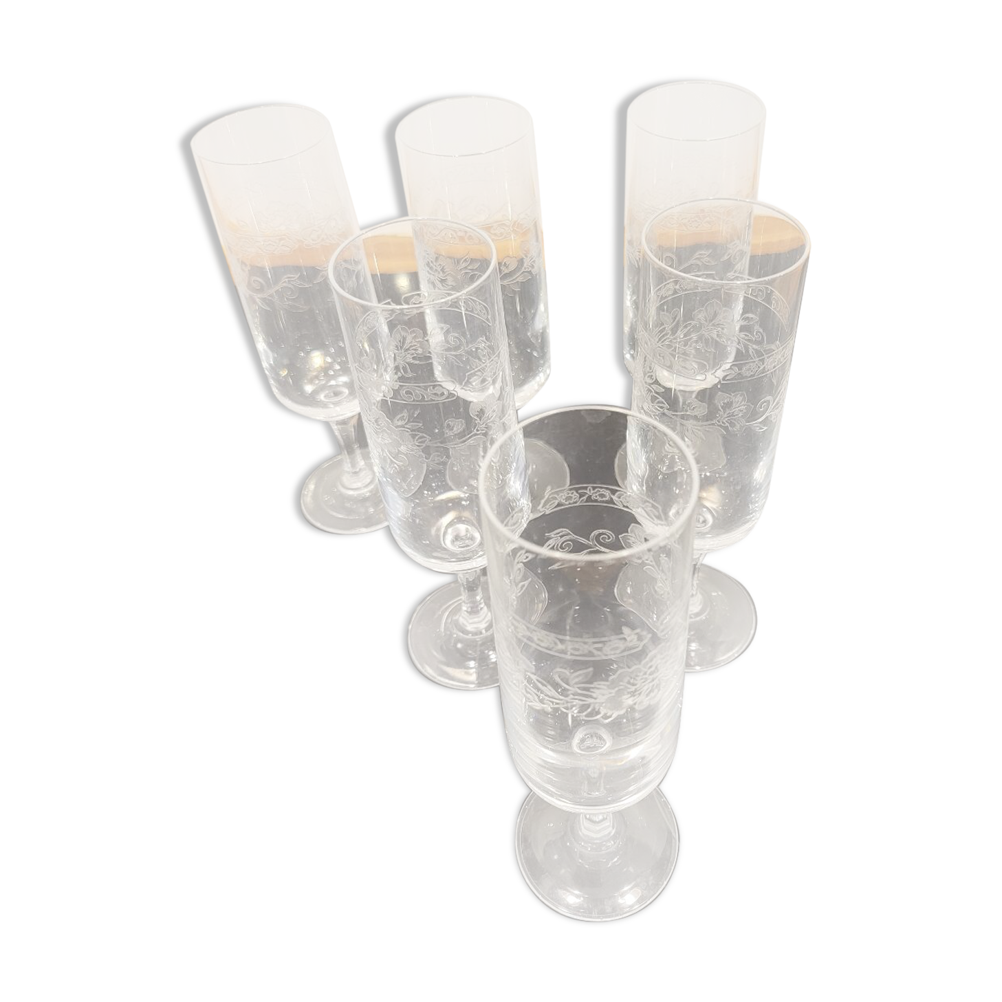 6 engraved crystal champagne flutes (floral) 1920