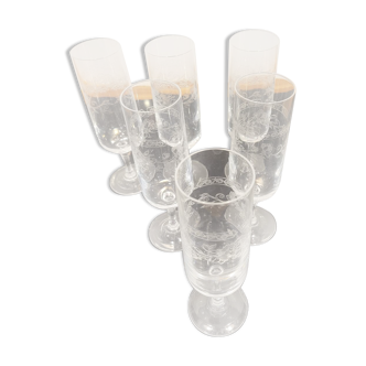 6 engraved crystal champagne flutes (floral) 1920