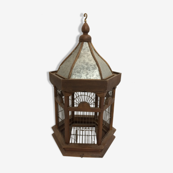 Bird cage made of exotic wood and vintage zinc