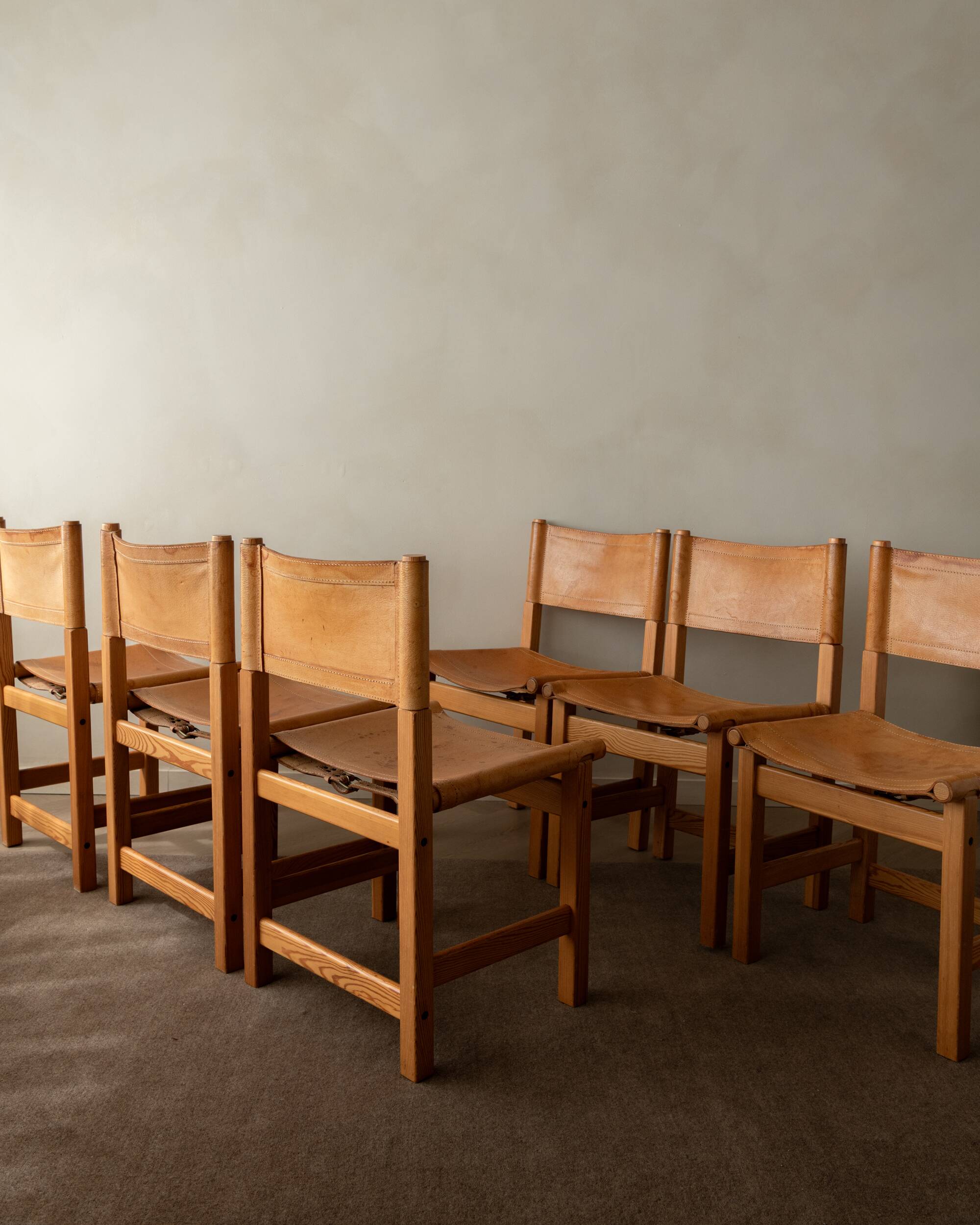 Vintage Kotka Dining Chairs Tomas Jelinek IKEA, Pine Leather 1980s Set of 6