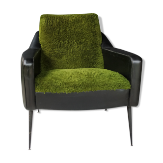 Vintage rockabilly skai black chair and fake green fur 50s