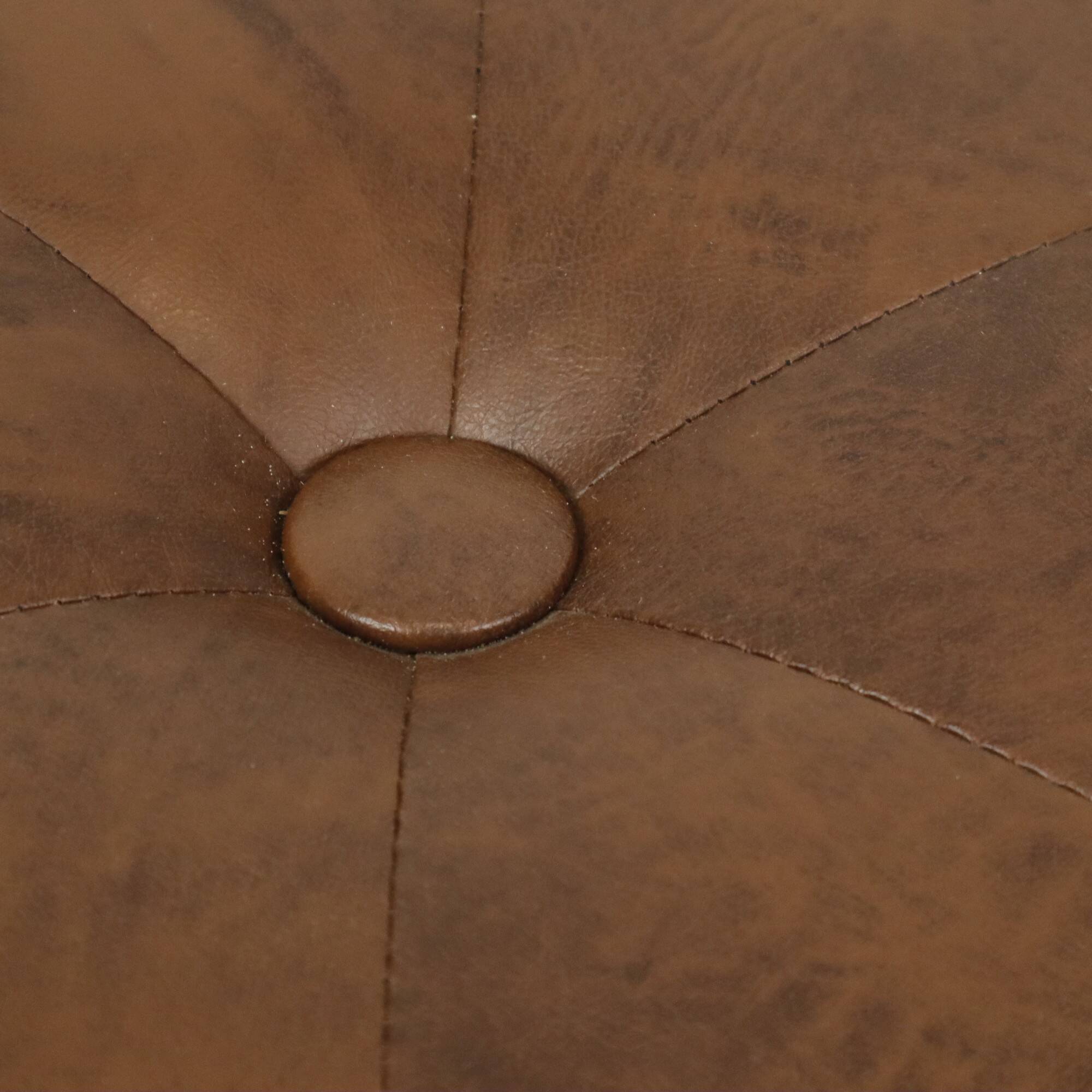 Pouf rond vintage en bois et cuir skaï marron patchwork années 60